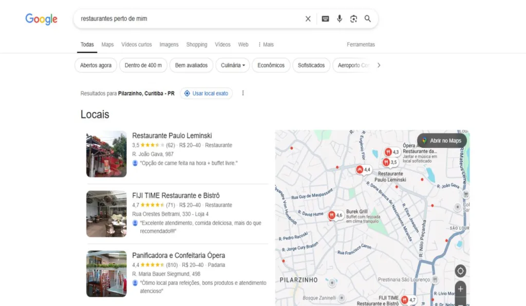 Captura de tela dos restaurantes perto de mim.