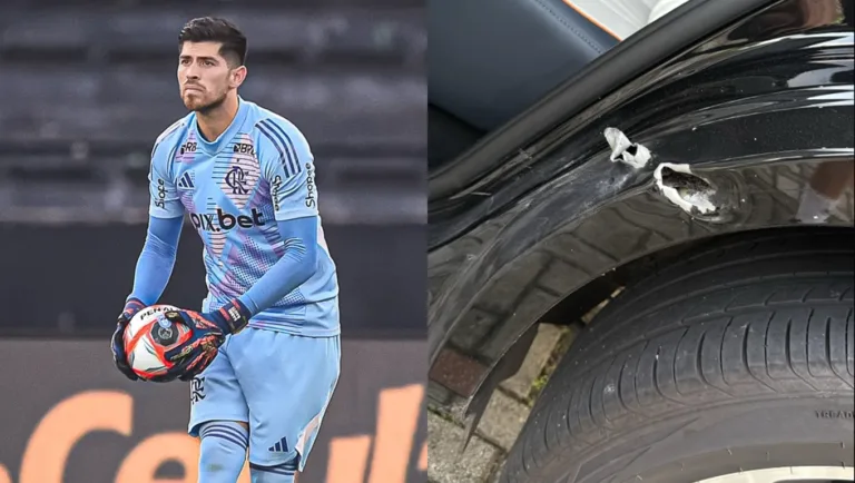 Goleiro Rossi, do Flamengo, e foto dos disparados. (Foto: Paula Reis/ Flamengo e Reprodução/ Redes Sociais)