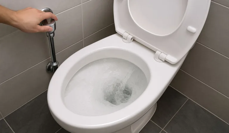pessoa apertando a descarga no banheiro