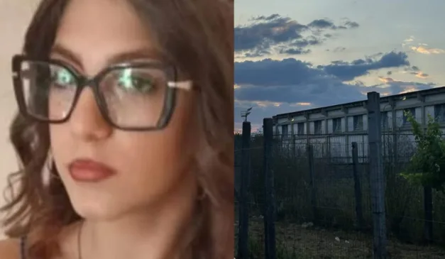 Colagem com Martina e construção abandonada.