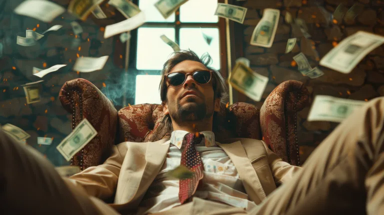 Um homem de terno marrom e óculos escuro está sentado em uma poltrona com dinheiro voando sobre ele