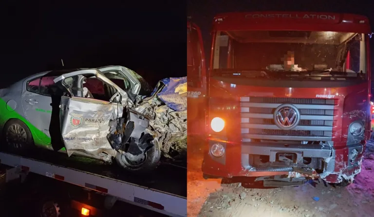 Carro e caminhão envolvidos no acidente, ambos danificados pelas colisões