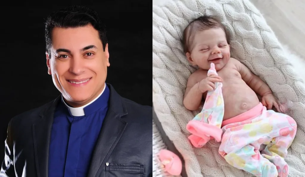 Padre ao lado de bebê reborn