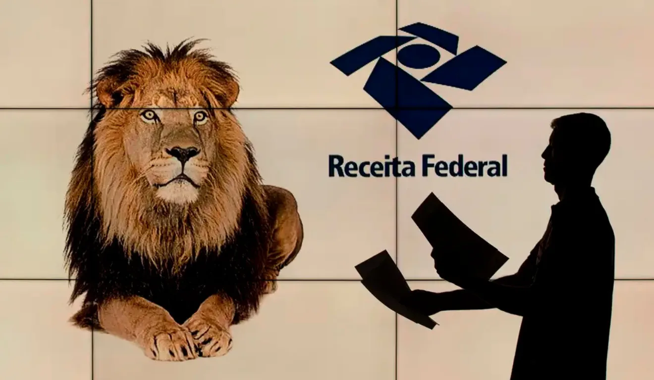 Imagem ilustrativa da logo da Receita Federal, ao lado de um leão.