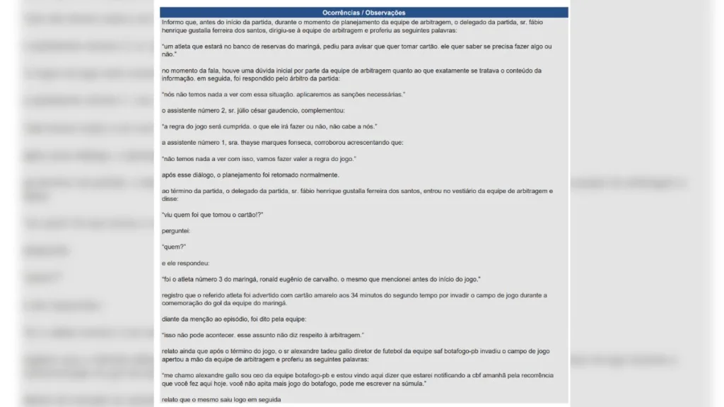 Trecho da súmula do jogo do Maringá que relata o caso.