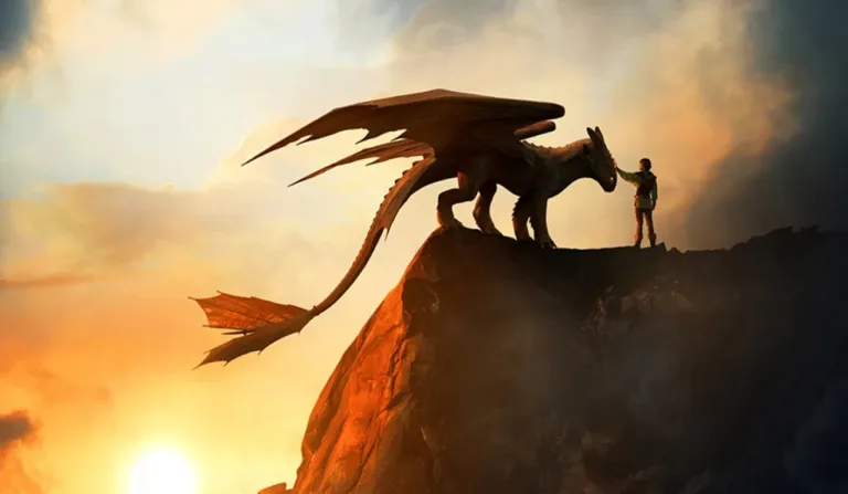 Cena do jovem e dragão durante o filme.