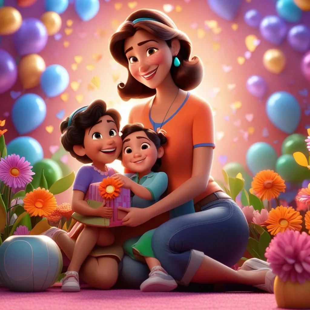 Animação de mãe com dois filhos