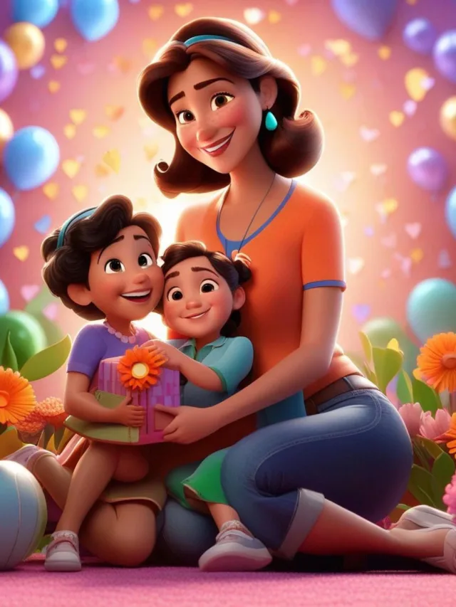 Animação de mãe com dois filhos