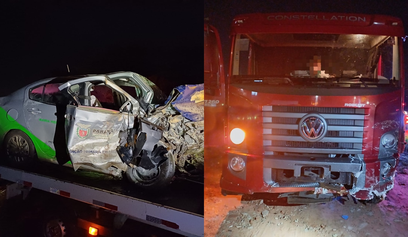Carro e caminhão envolvidos no acidente, ambos danificados pelas colisões
