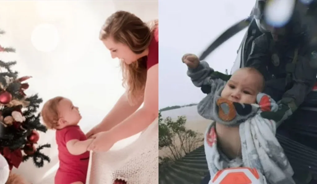 mãe com bebê resgatado de helicoptero na enchente