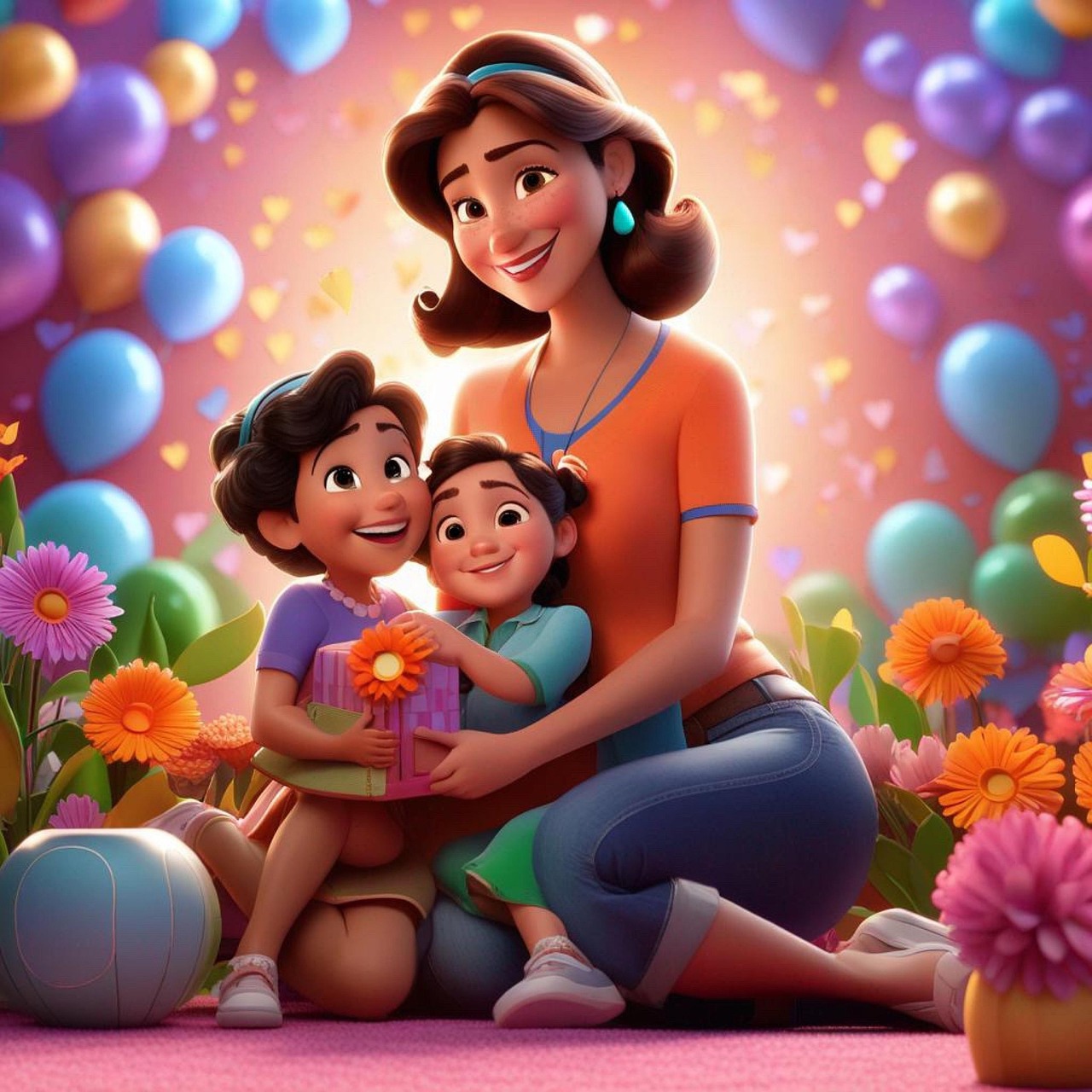 Animação de mãe com dois filhos