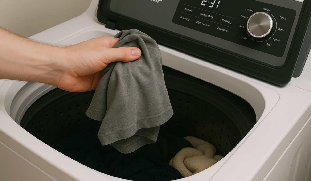 homem tirando peças de roupa sujas da máquina de lavar