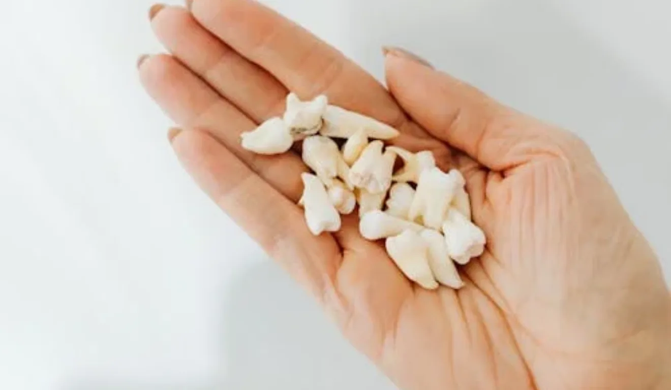 Imagem ilustrativa de uma mão segurando vários dentes.