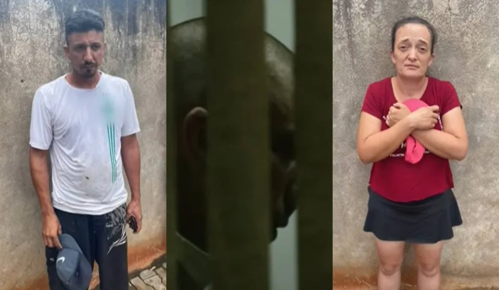 Homem e mulher nos cantos e homem preso no meio