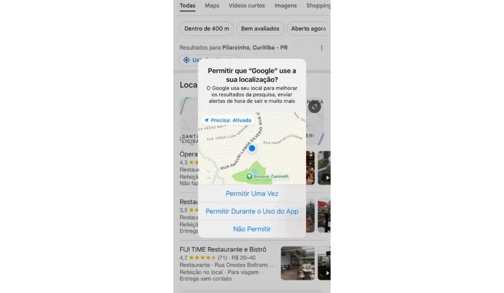 Captura de tela dos restaurantes perto de mim.