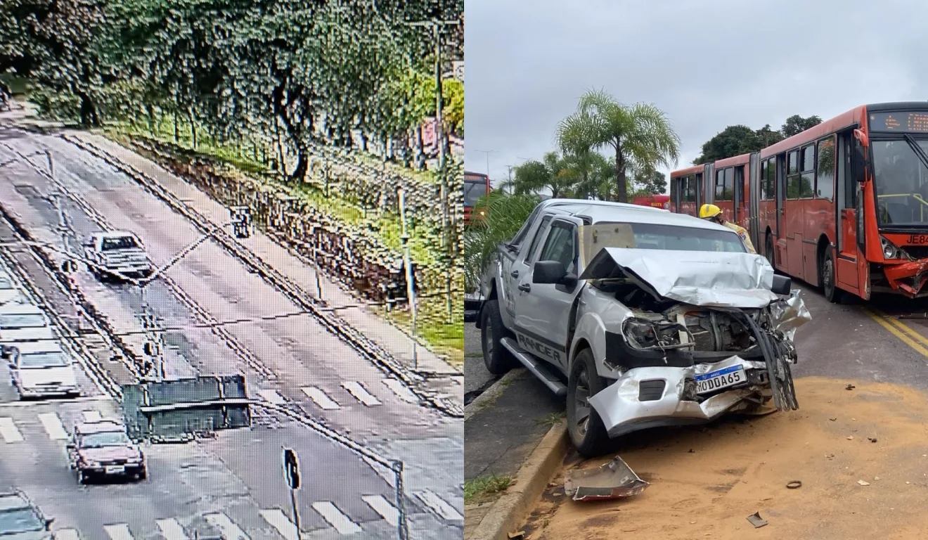 Acidente entre caminhonete e ônibus deixou 10 feridos no Jardim Botânico, em Curitiba. Câmera flagrou invasão de canaleta.