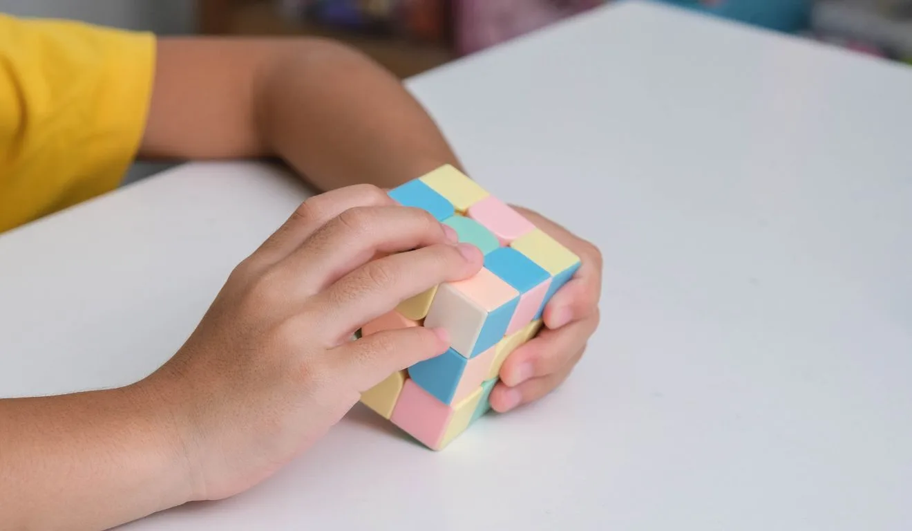 criança montando cubo mágico