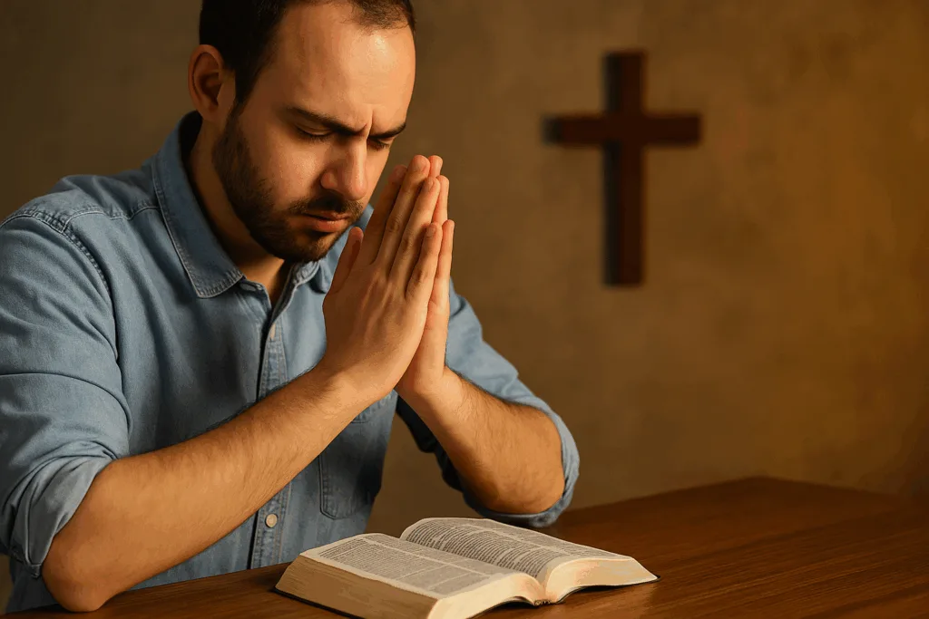 Homem jovem com expressão serena ora diante de uma Bíblia aberta, com as mãos unidas e uma cruz ao fundo.