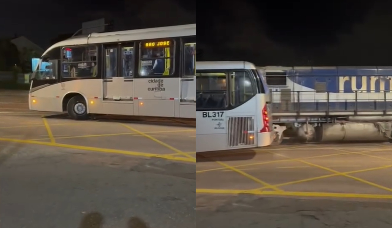 Ônibus sendo atingido por trem