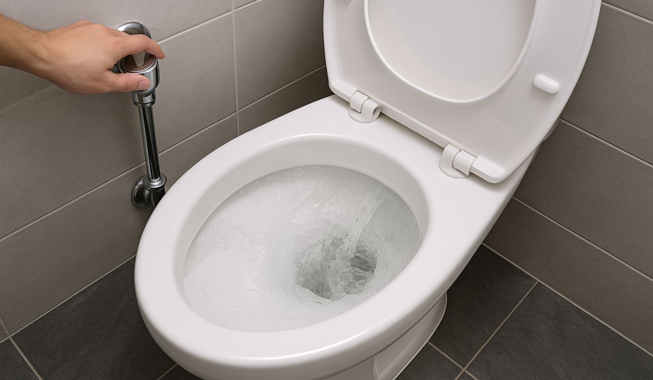 pessoa apertando a descarga no banheiro