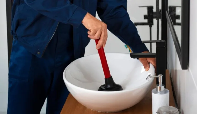 Homem desentupindo pia