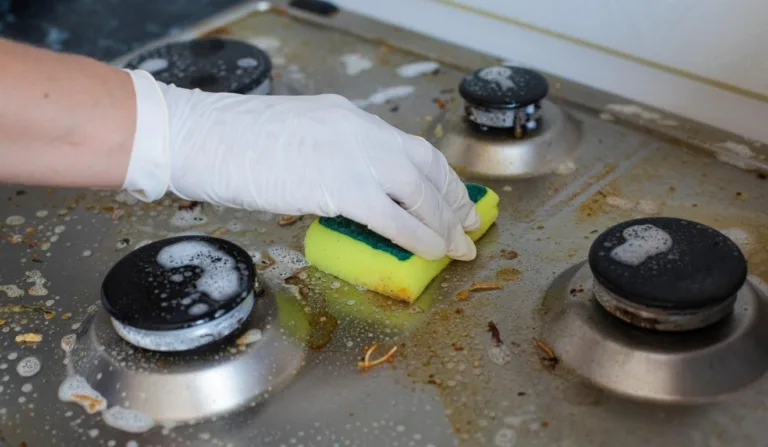 Pessoa limpando gordura preta perto do cooktop