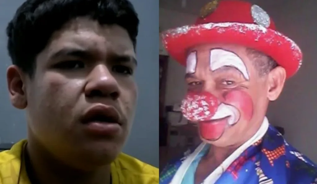 Homem em depoimento e palhaço