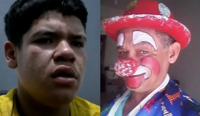 Homem em depoimento e palhaço