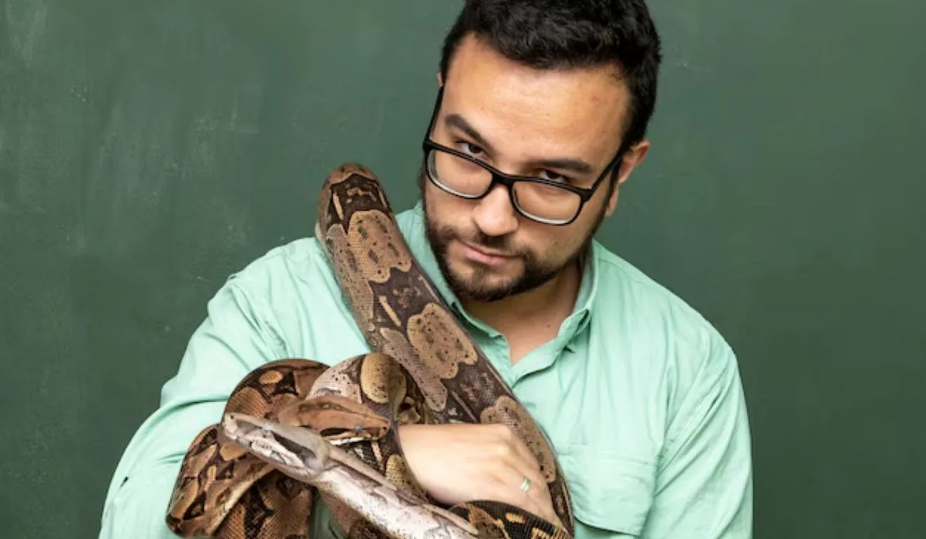 homem segurando jiboia