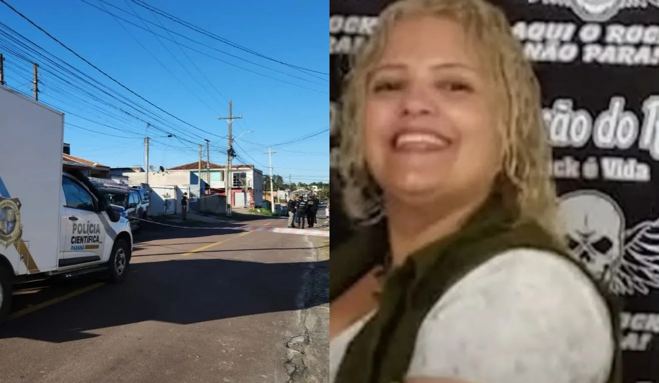 Montagem de duas imagens, de um lado a cena do crime, com uma ambulância do IML na rua, e do outro lado, uma foto da mulher que foi assassinada