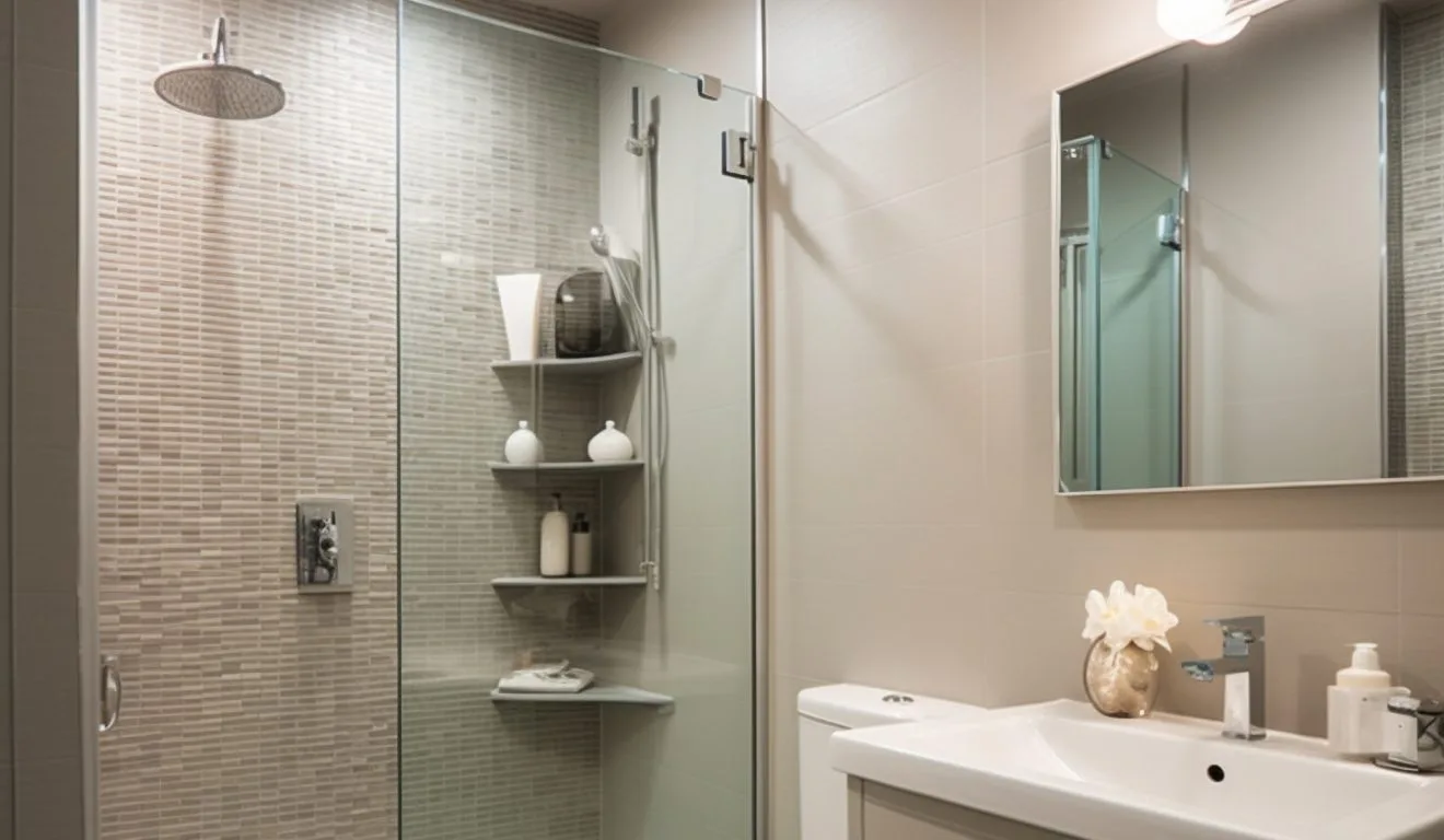 Banheiro bege com pia e chuveiro