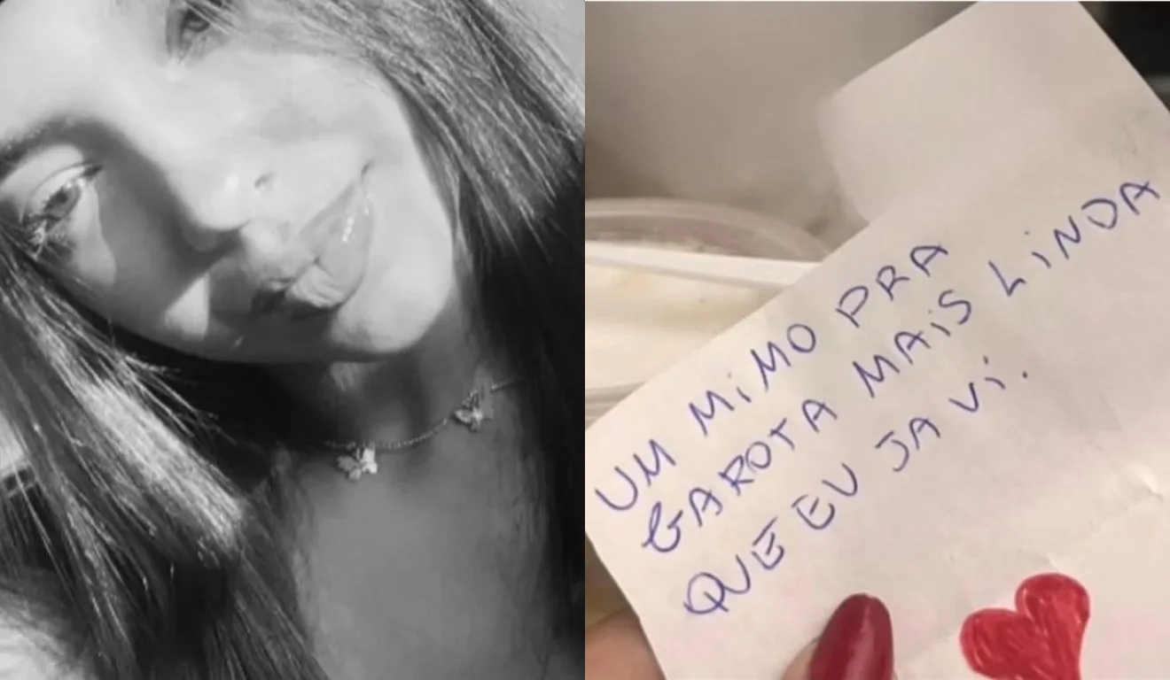 Colagem com rosto de jovem e carta enviada pela "admiradora secreta".