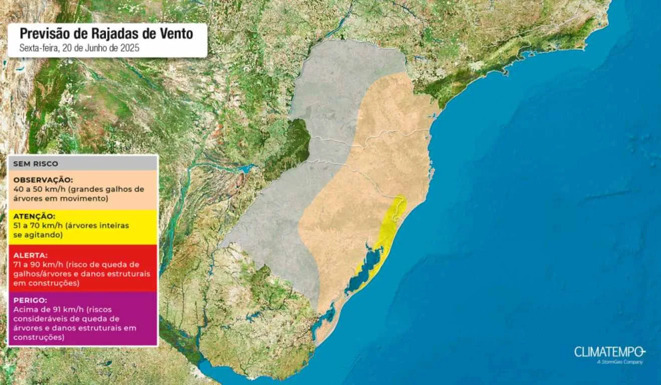 Mapa mostra a previsão de rajadas de vento no Sul do país. Cidades do Rio Grande do Sul e de Santa Catarina devem registrar maiores estragos