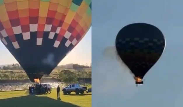 Montagem de fotos mostra balão no momento da decolagem e em chamas no céu