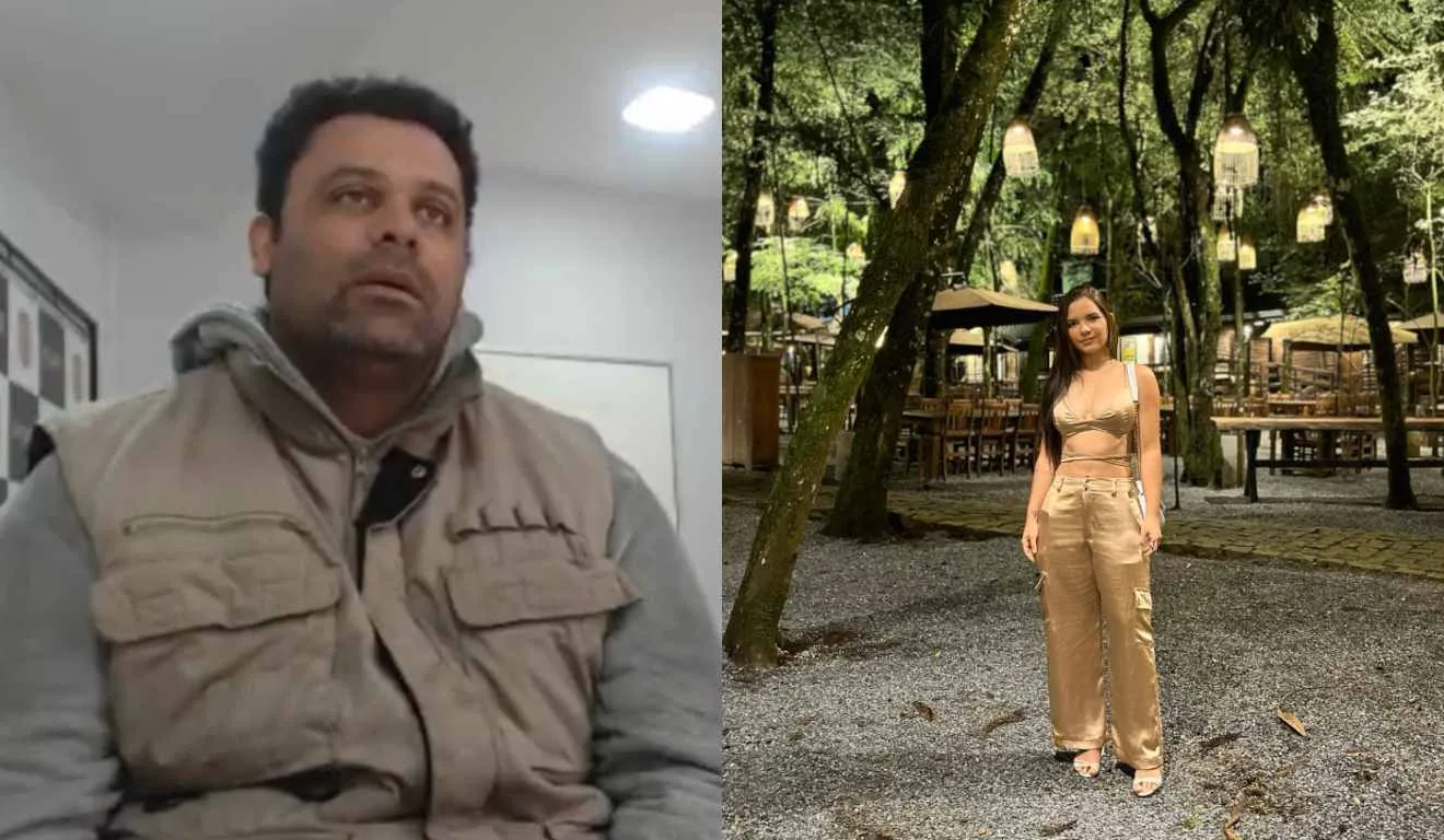 Humorista Marcelo Alves em depoimento e Raíssa ao lado em lugar de mata