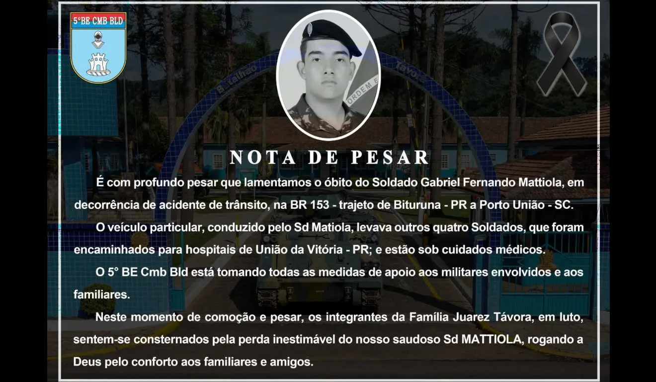 Homenagem postada pelo batalhão ao soldado vítima de acidente na BR-153