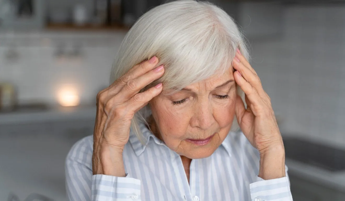 Senhora com as mãos na cabeça.