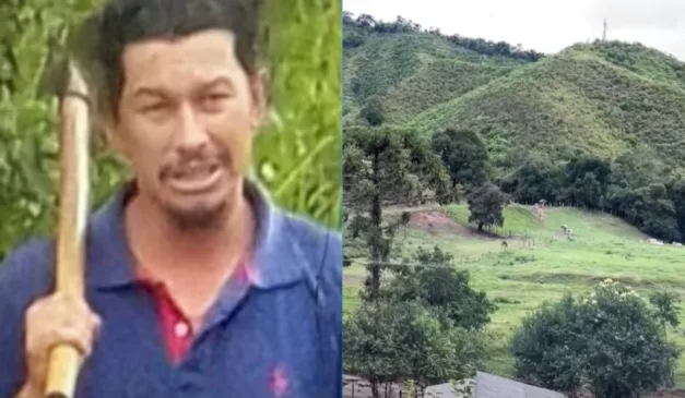 de um lado a foto do homem, do outro a mata