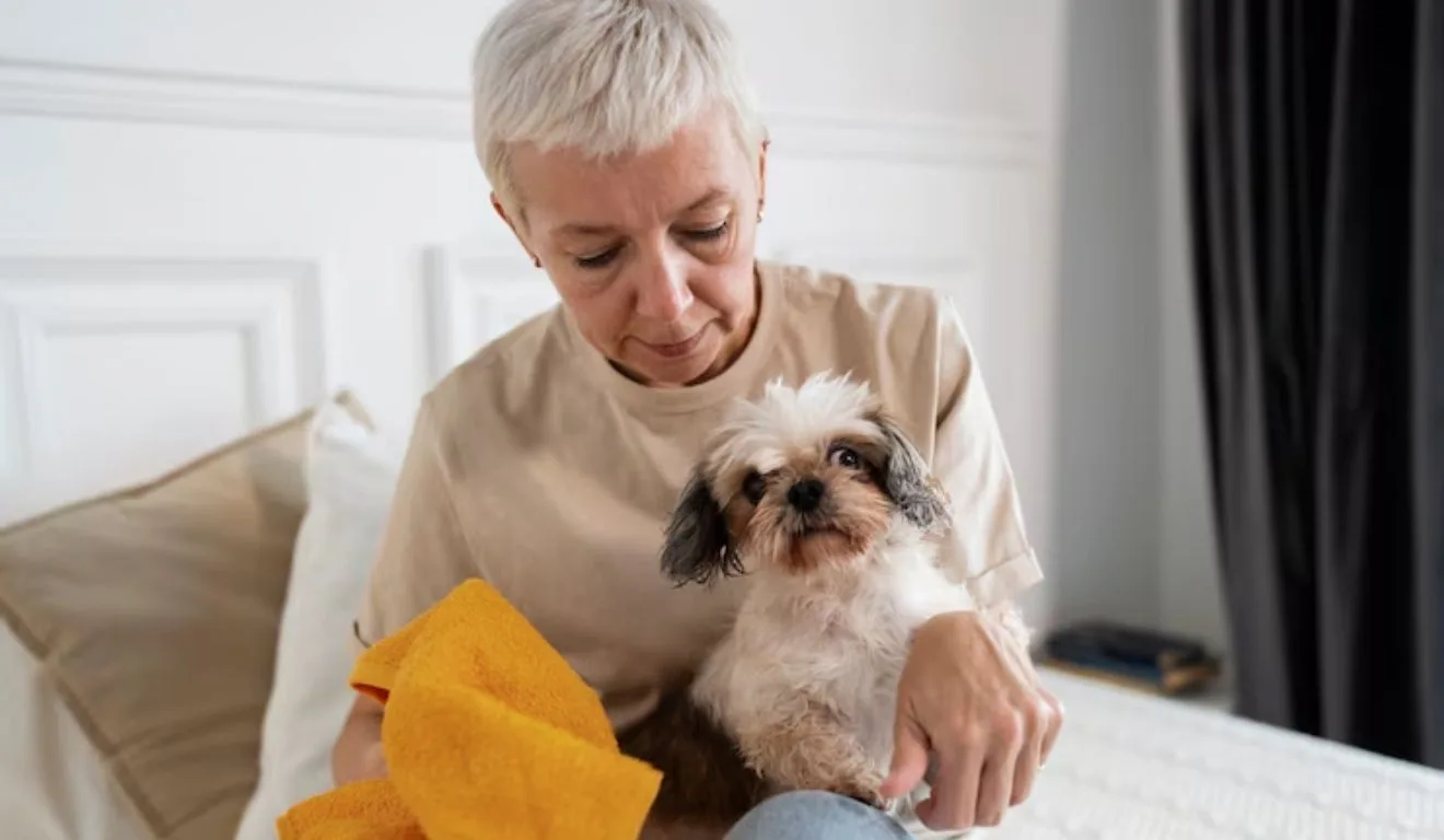 idosa com cachorro no colo