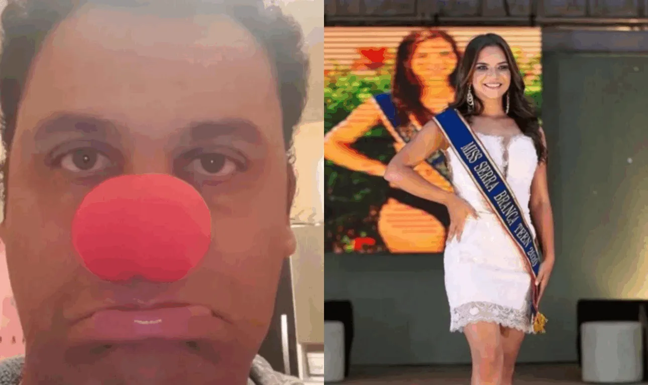 humorista com nariz de palhaço de um lado e miss de outro