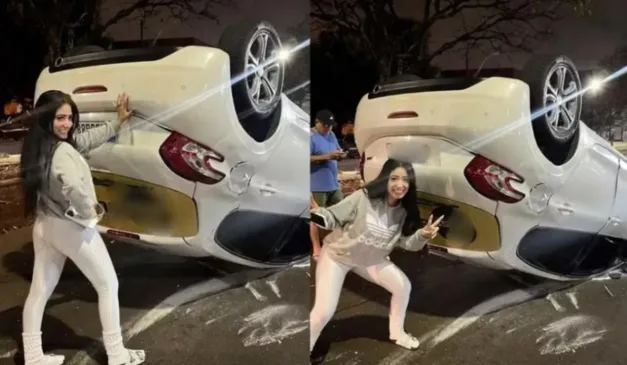 Influencer posta foto carro capotado