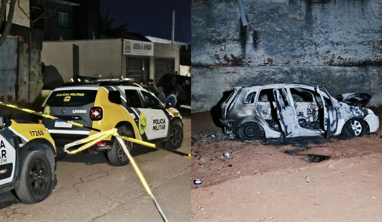 Montagem com fotos do local do crime e do carro incendiado