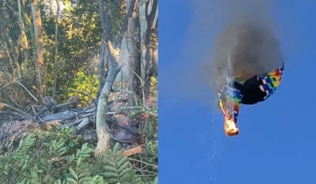 Imagem de destroços de avião ao lado de uma foto dele em chamas, ainda no ar