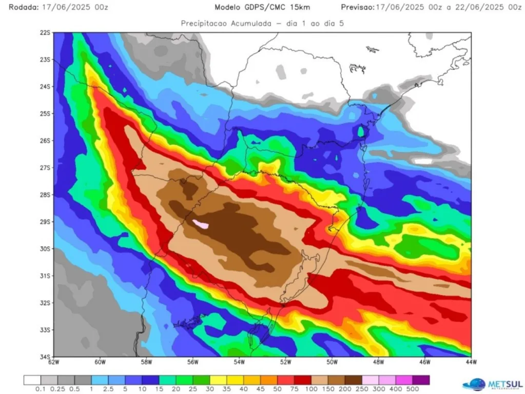 Mapa indica áreas do mapa mais afetadas pelas chuvas no Rio Grande do Sul