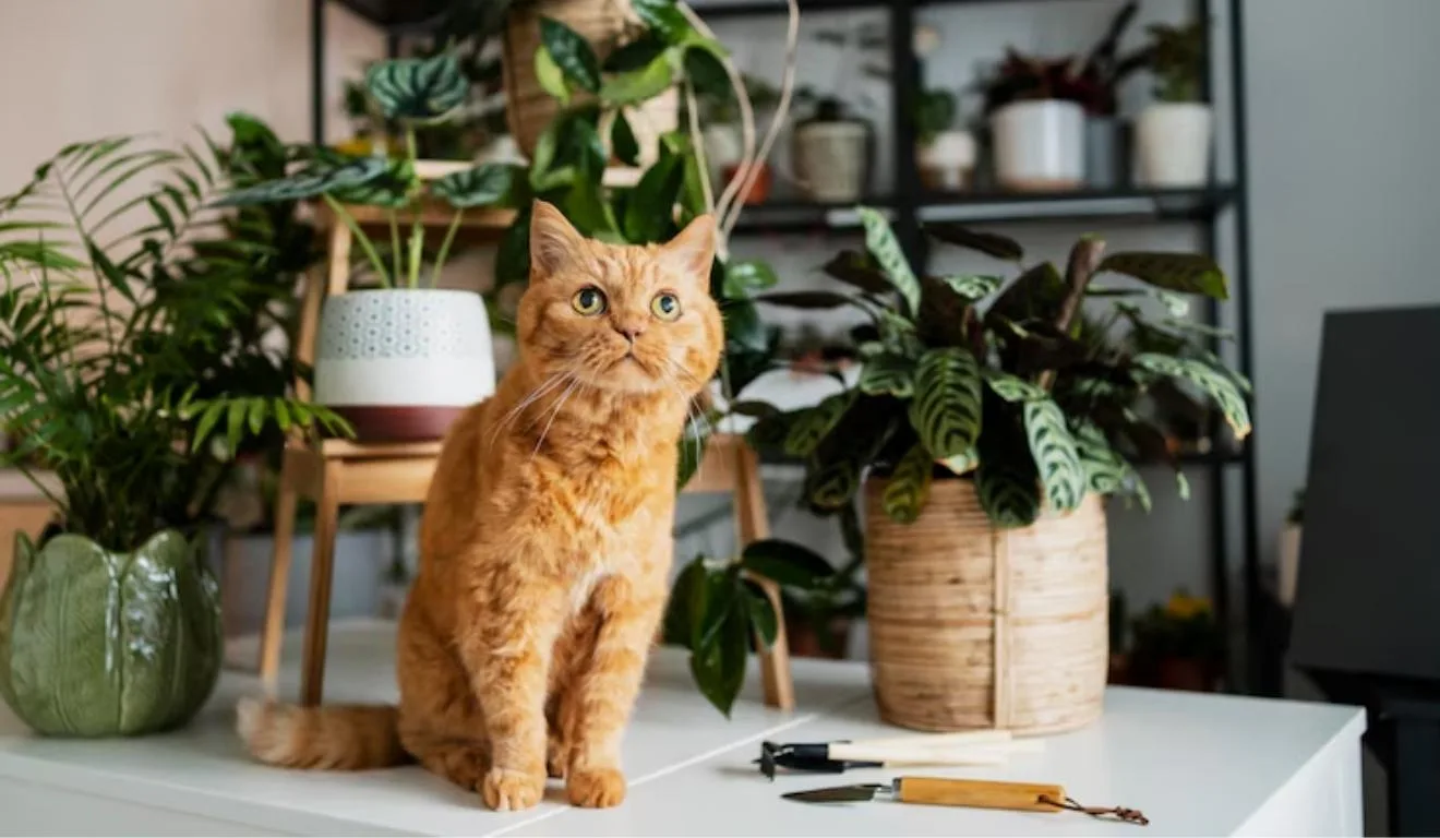 gato ao lado de plantas