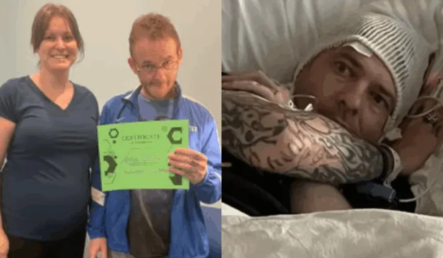 Imagem de Anthony segurando o certificado ao lado de uma mulher. A outra imagem mostra Anthony no hospital.