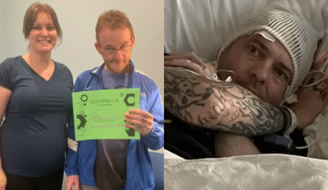 Imagem de Anthony segurando o certificado ao lado de uma mulher. A outra imagem mostra Anthony no hospital.