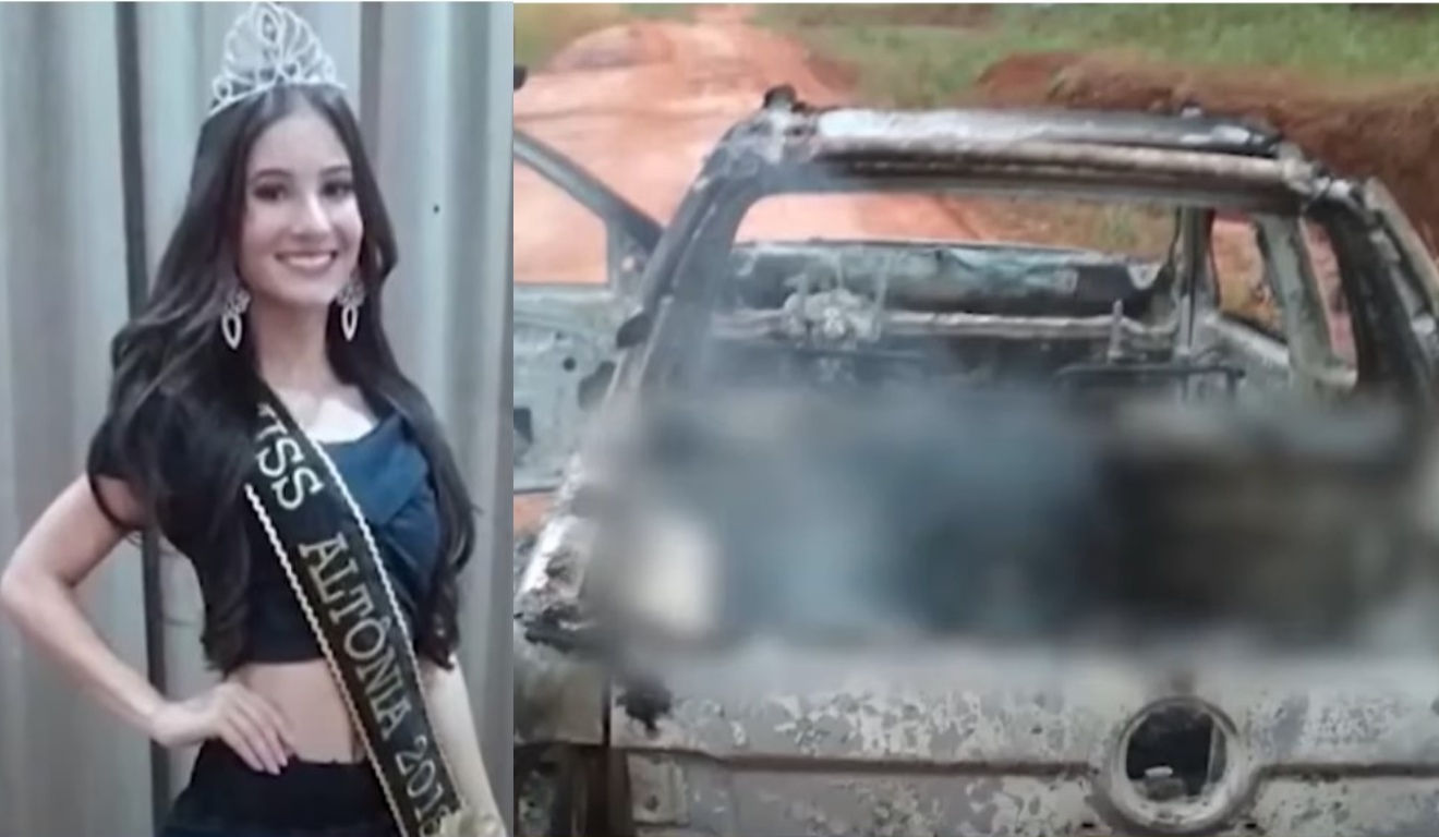 Miss Altônia Bruna Zucco Cegantim, assassinada em março de 2018, em Altônia, no noroeste do Paraná, e o carro onde seu corpo foi carbonizado junto com o do alvo dos assassinos, o empresário Valdir de Brito Feitosa,