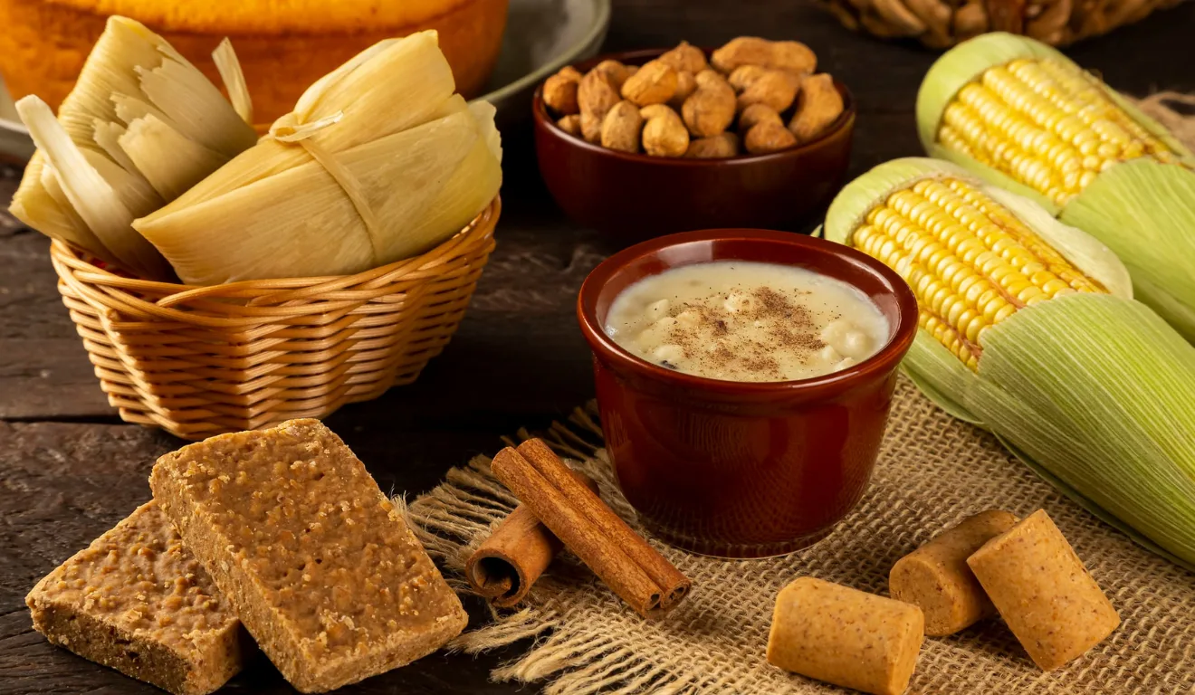 Imagem ilustrativa de comidas típicas junina, com milho e pamonha.