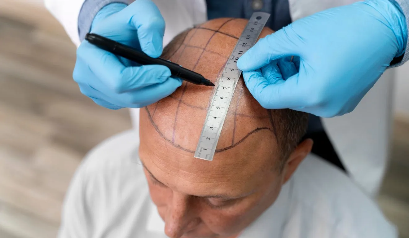Homem realizando marcações para fazer transplante capilar